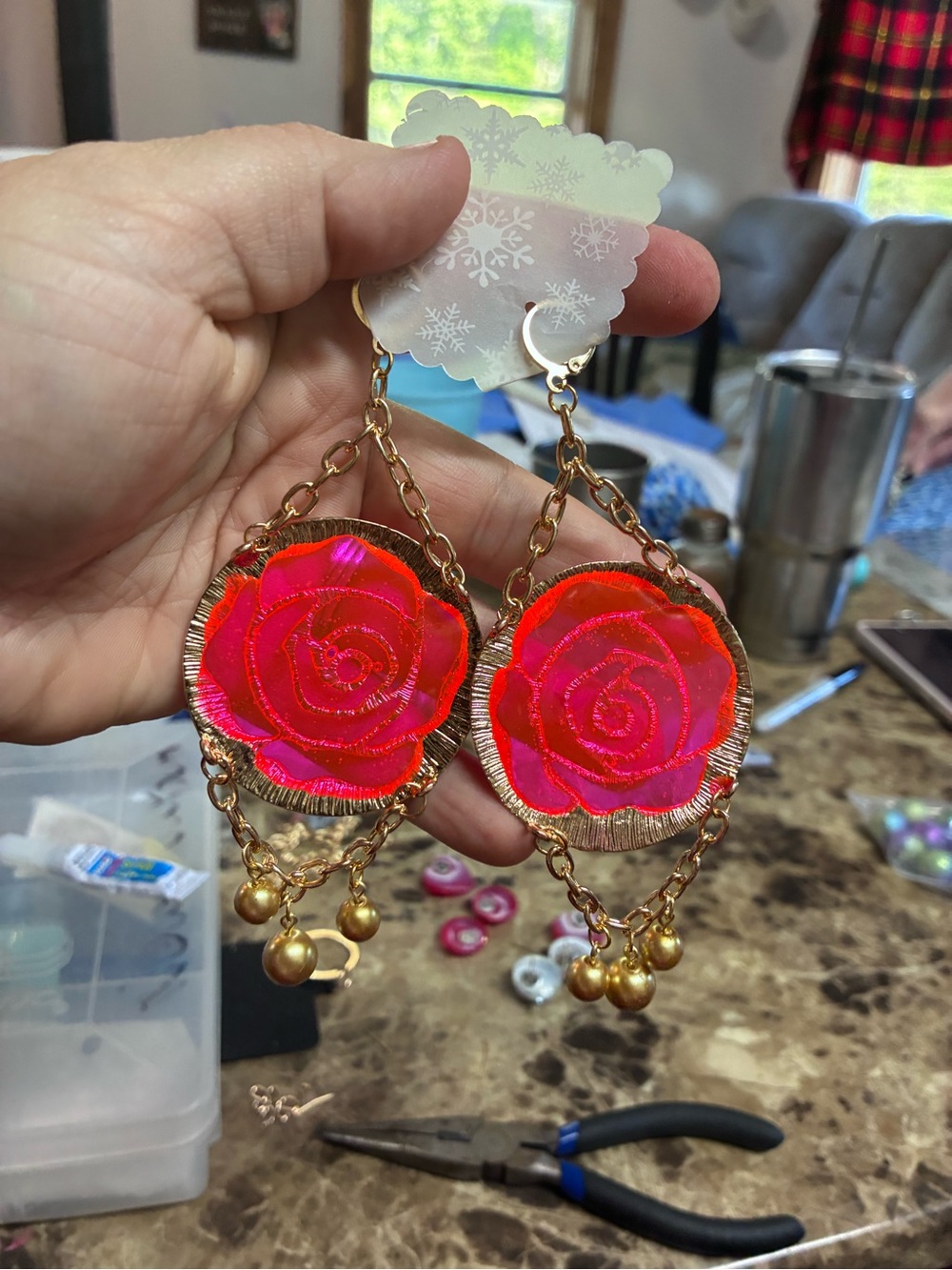 Gold-Tone Dangle Earrings with Red Rose Accents